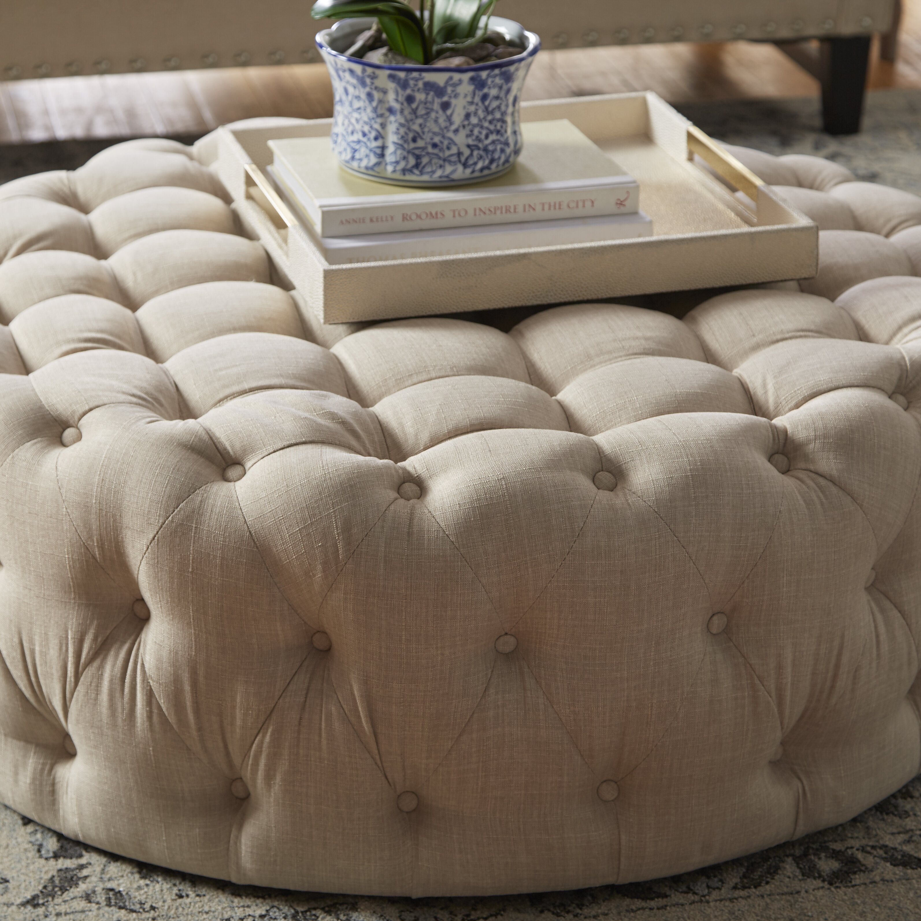 Lark Manor Bourges Round Tufted Cocktail Ottoman Reviews Wayfair