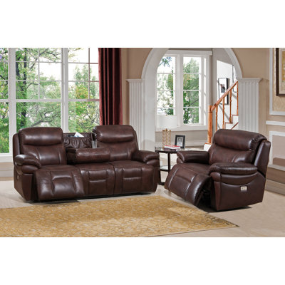 Amax Sanford 2 Piece Leather Power Reclining Living Room Set with USB Ports, Power Headrests, and Drop Down Table
