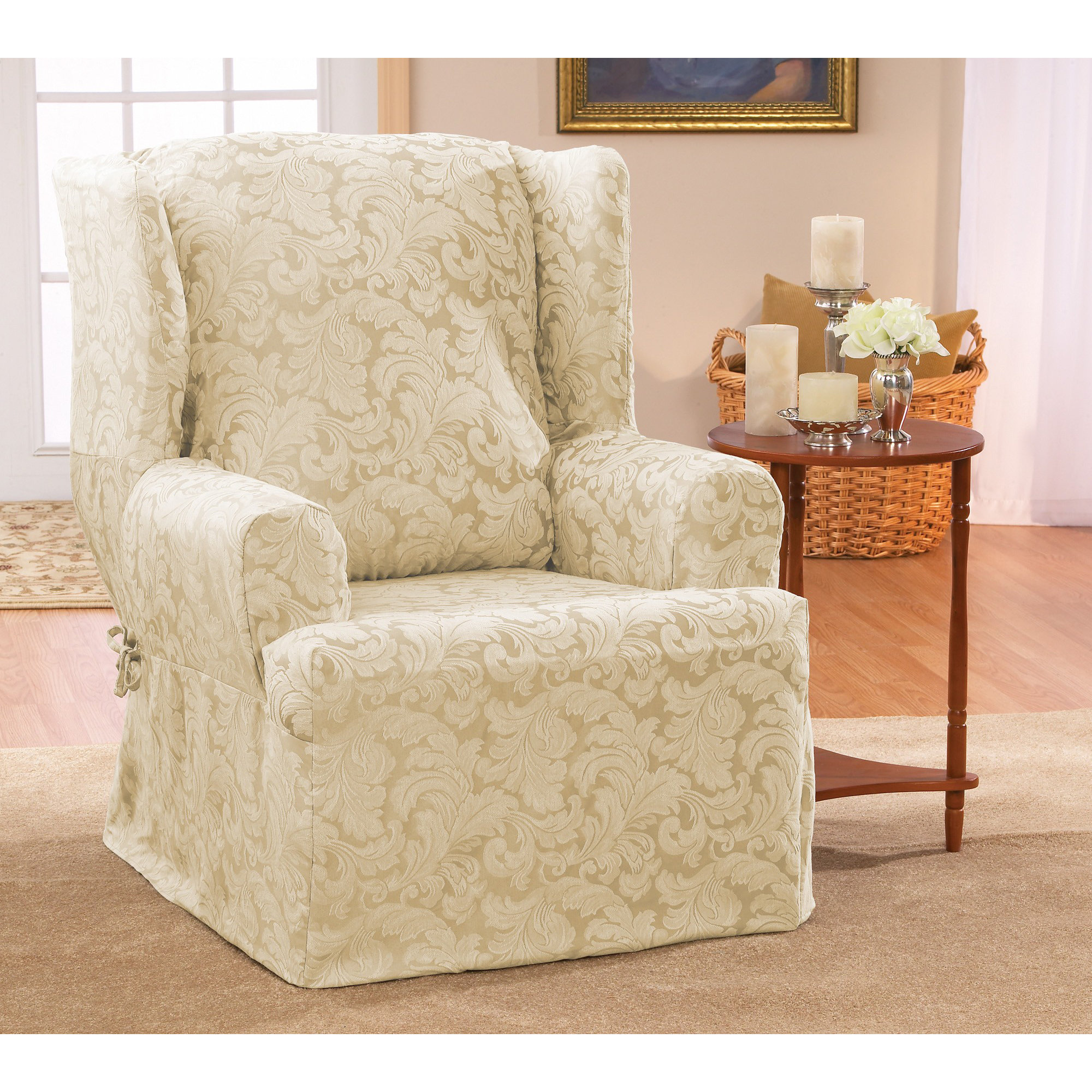 Sure Fit Scroll Classic Wing Chair T Cushion Skirted Slipcover