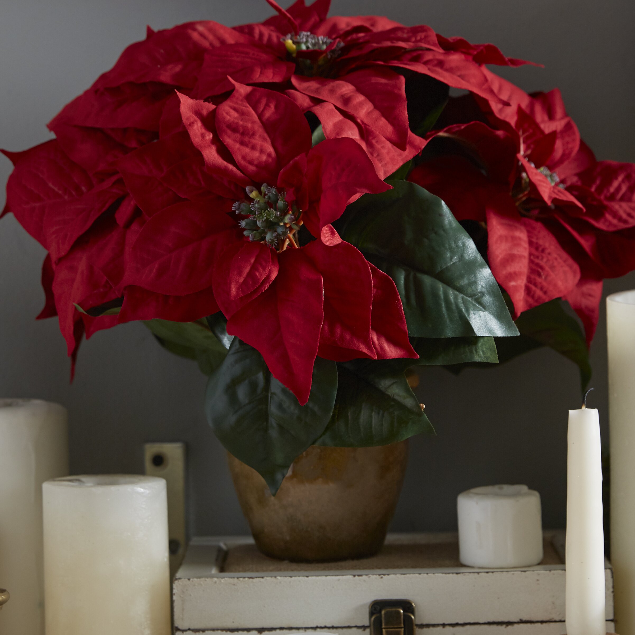 Nearly Natural Poinsettia w/Ceramic Vase Silk Floral Arrangement ...