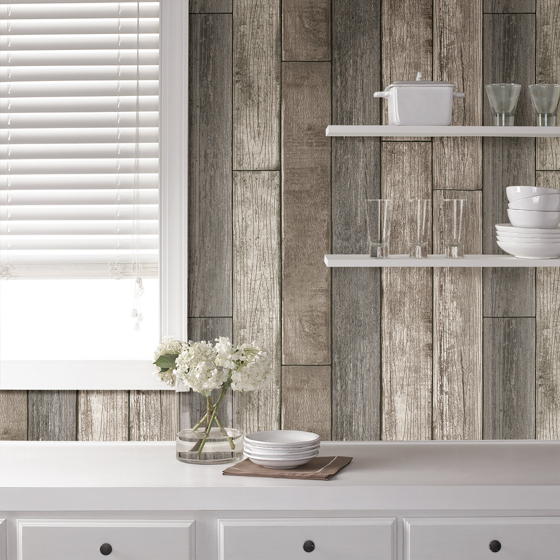 WallPops! Nu 18' x 20.5" Reclaimed Wood Plank Natural Peel and Stick