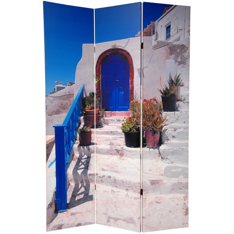 Oriental Furniture 70.88" x 47" Double Sided Santorini Greece 3 Panel