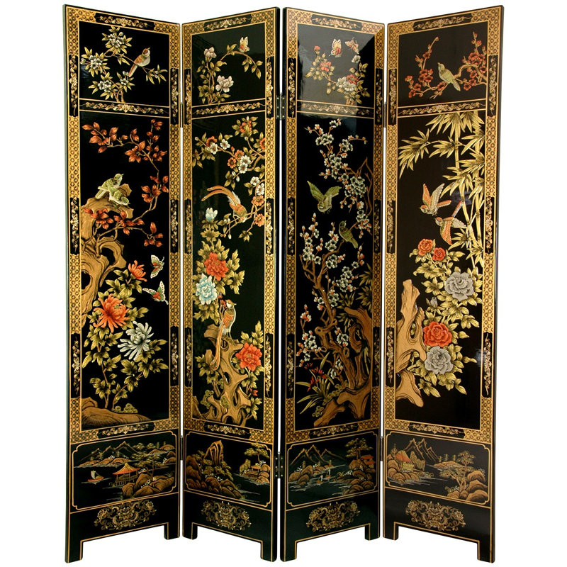 Oriental Furniture 72" x 64" Four Seasons Flowers 4 Panel Room Divider