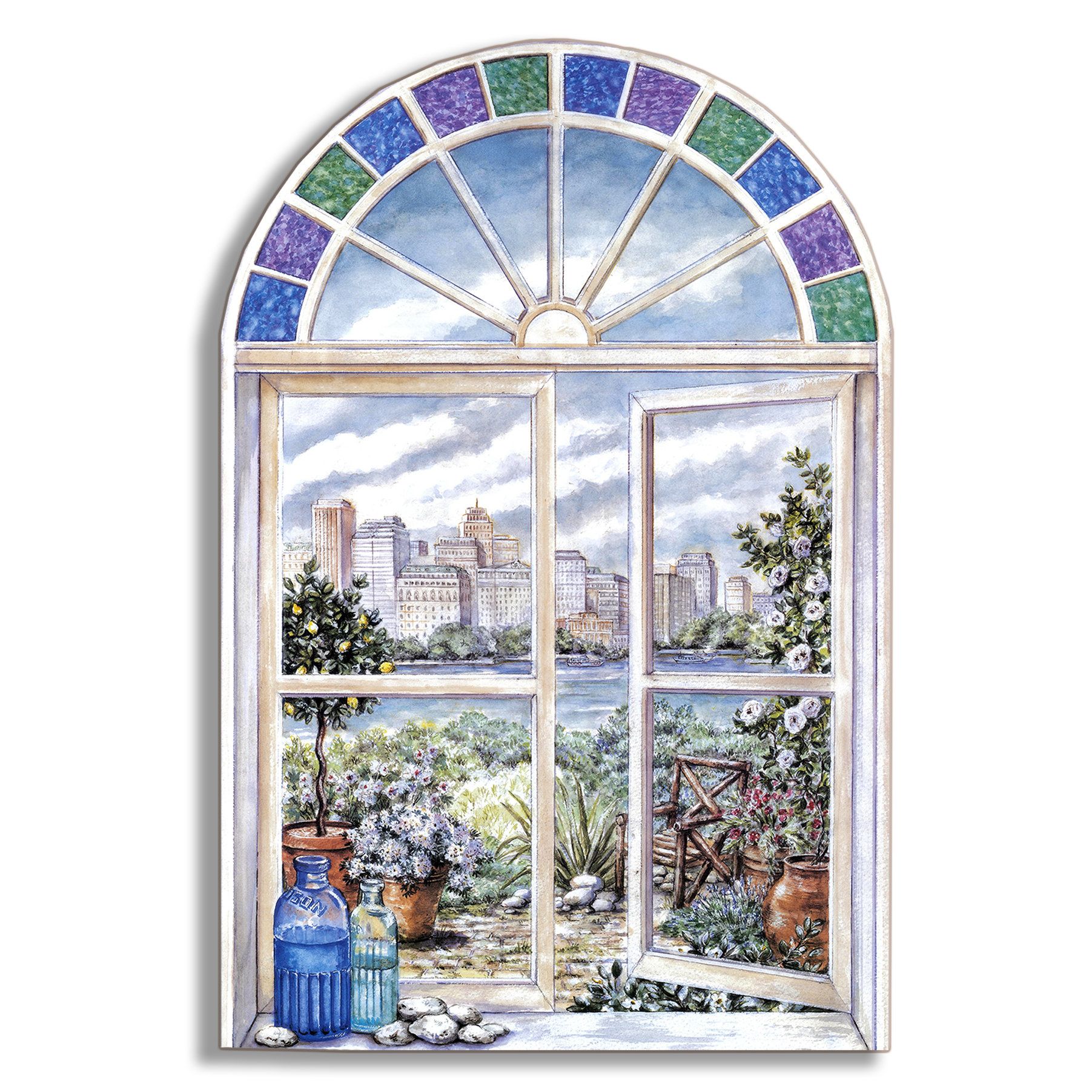 Stupell Industries Stained Glass Faux Window Scene Original Painting