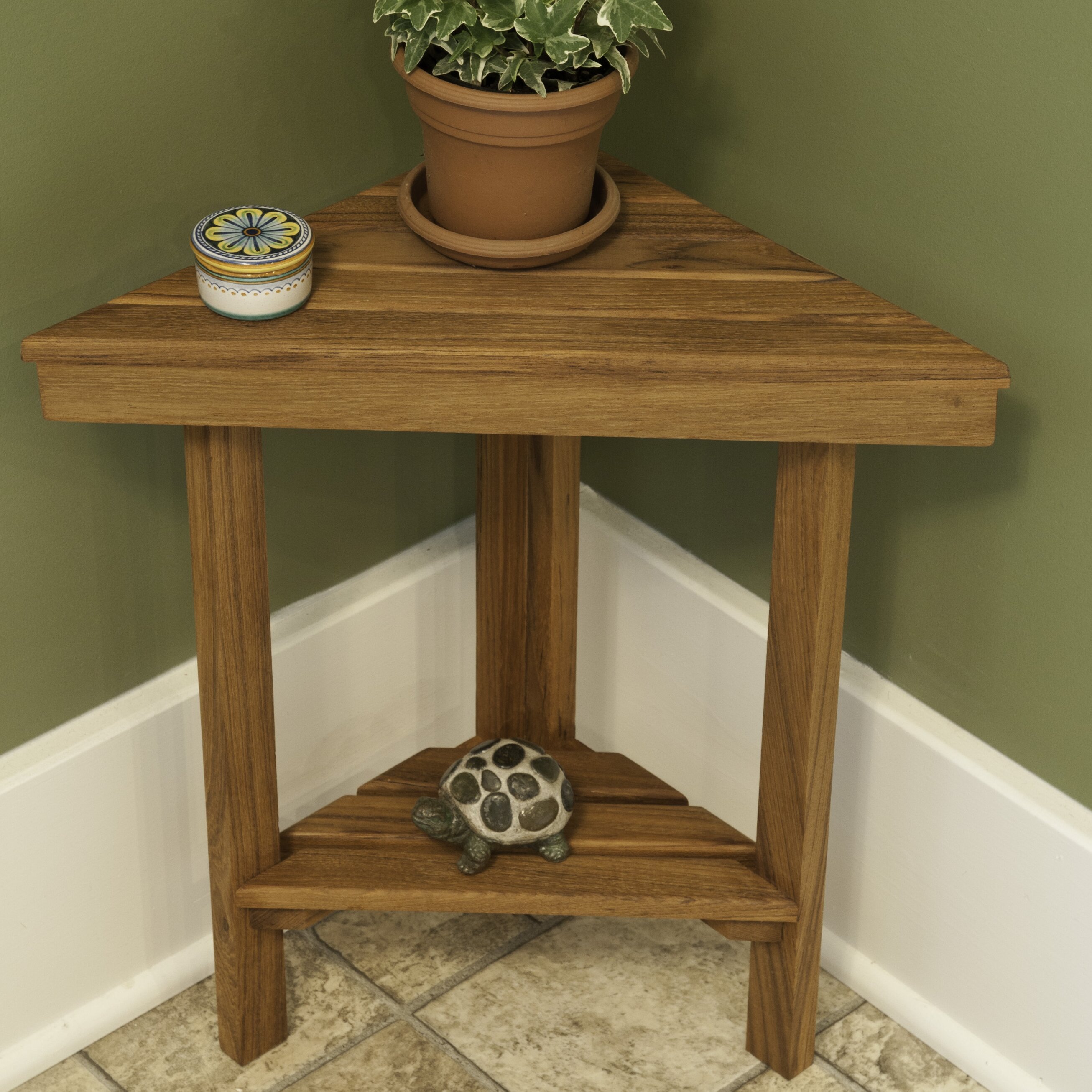 Teakworks4u Teak Mini Corner Shower Bench With Shelf