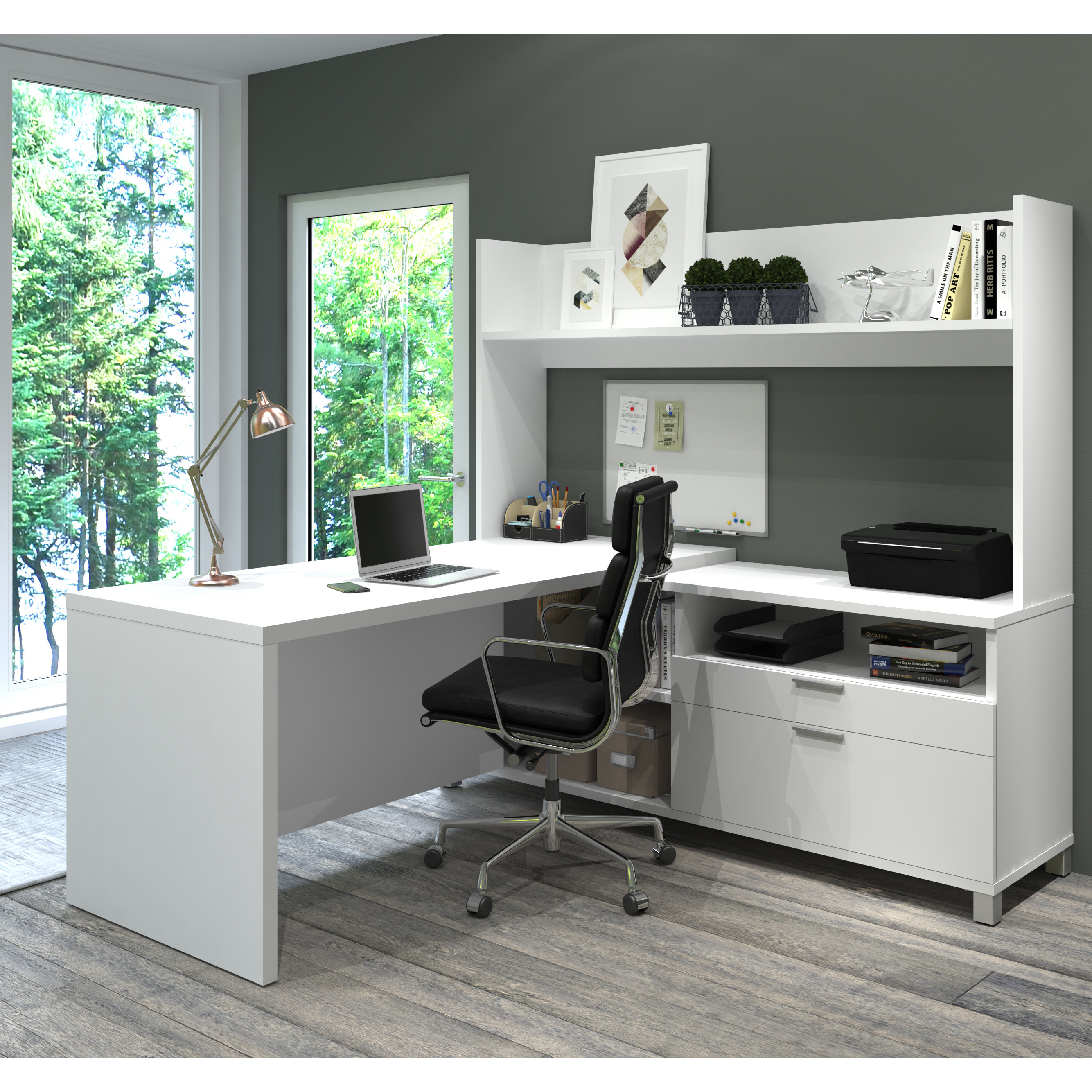 Bestar Pro Linea L Desk With Open Hutch In White 120886 17 