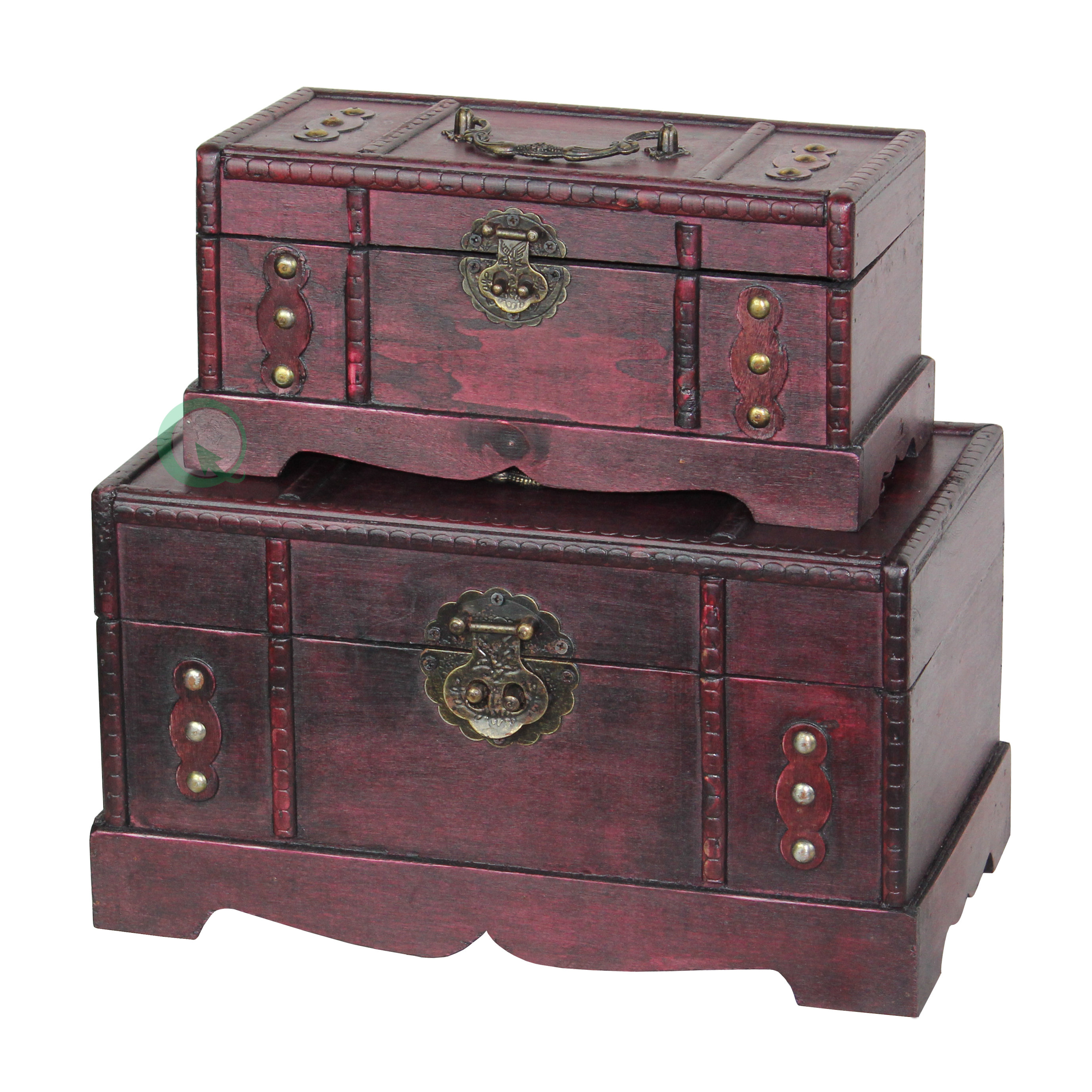 Quickway Imports Antique Wooden Trunk, Old Treasure Trunk (2 Piece Set