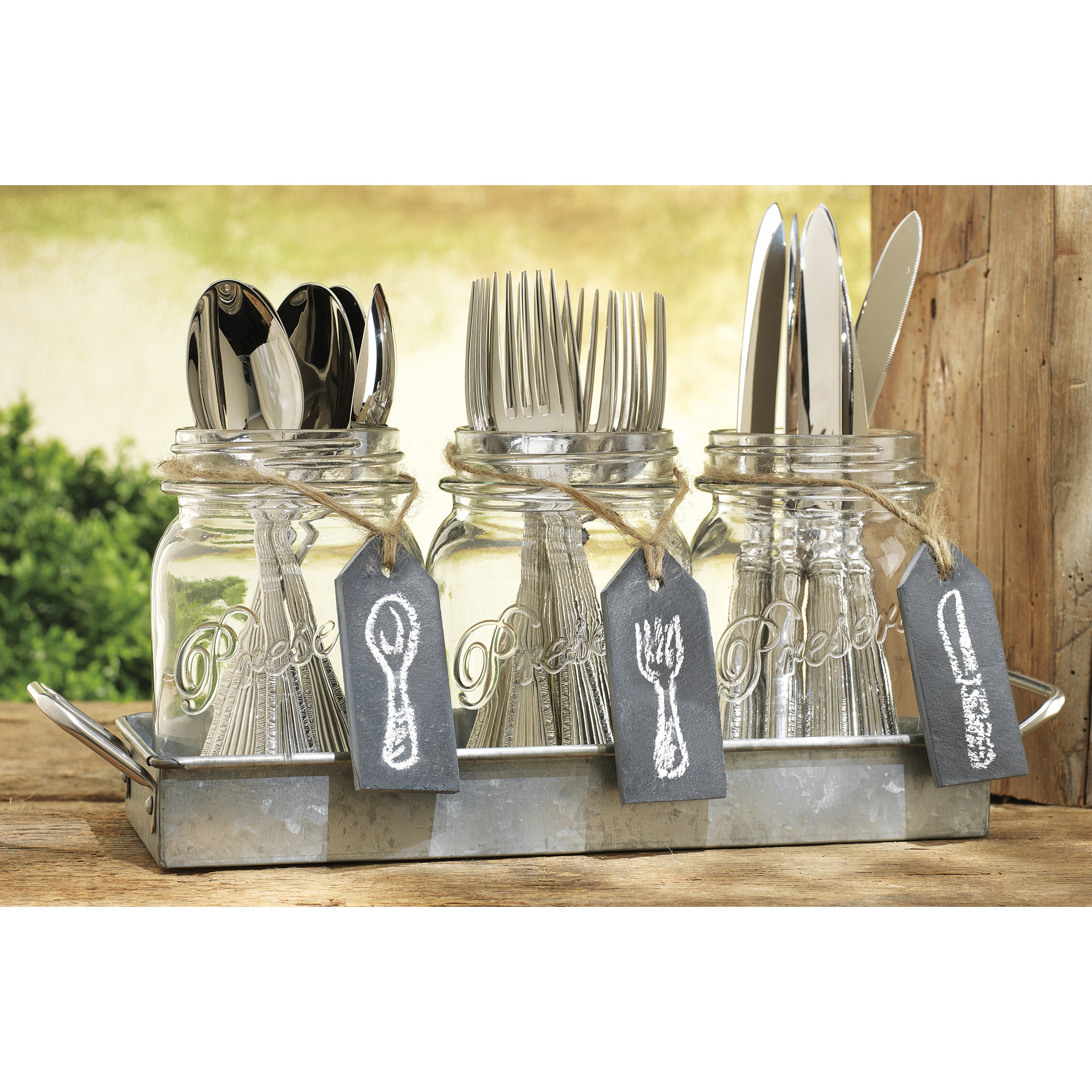 Home Essentials and Beyond 3 Piece Mason Jar & Galvanized Base Set