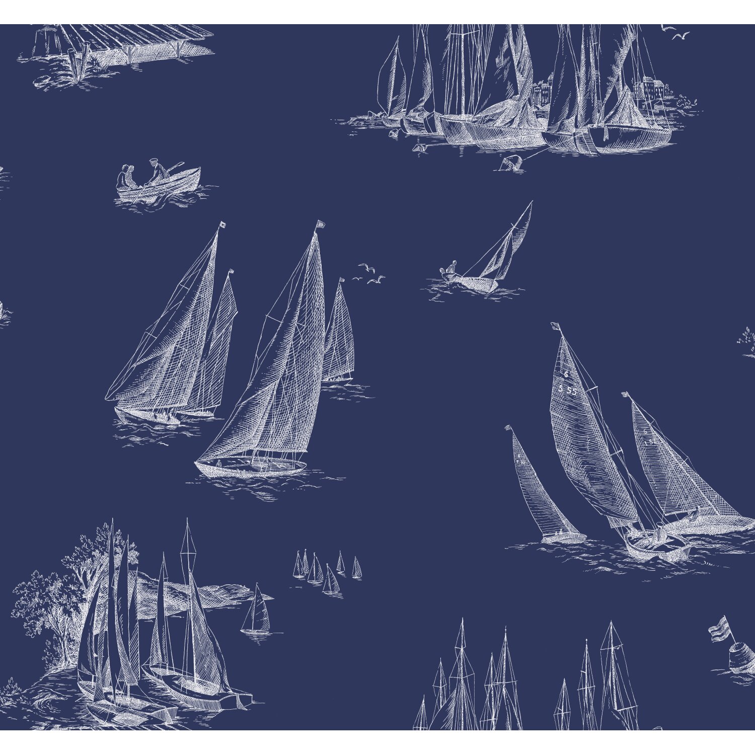 York Wallcoverings Nautical Living Sailboat Toile 27’ x 27" Scenic