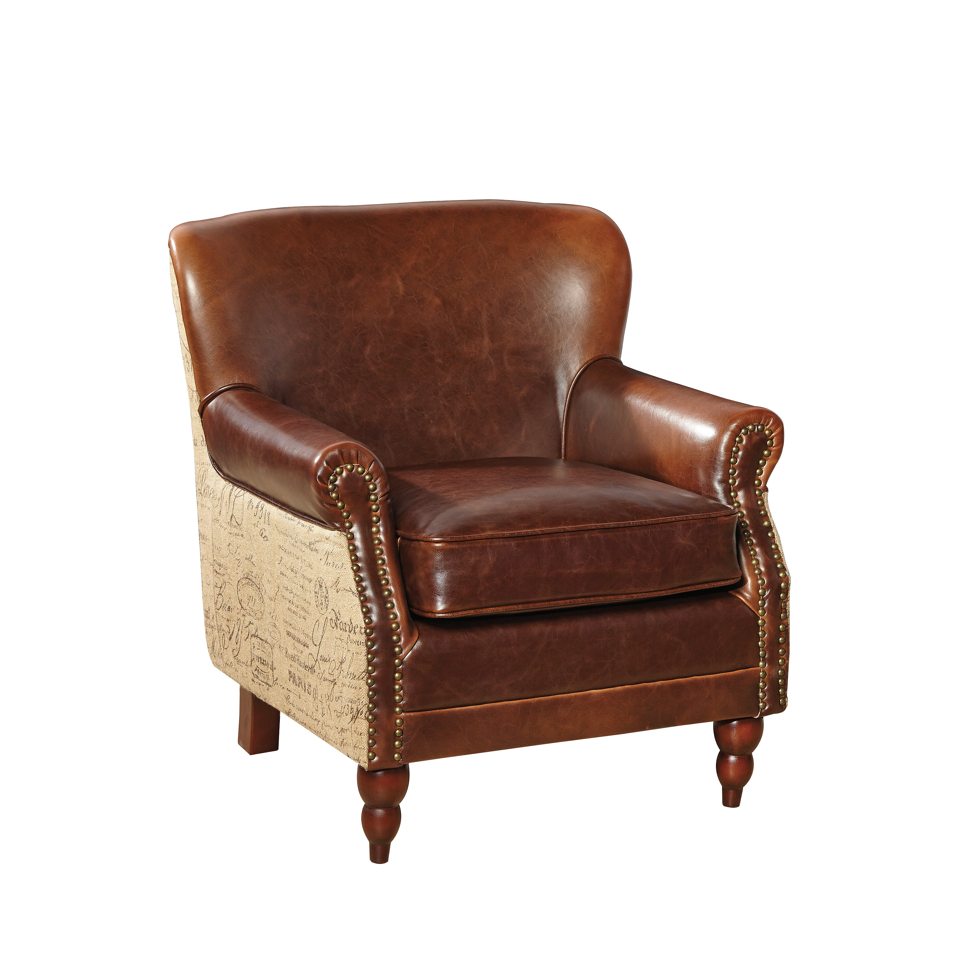 Furniture Classics LTD Petite Leather and Burlap Script Arm Chair