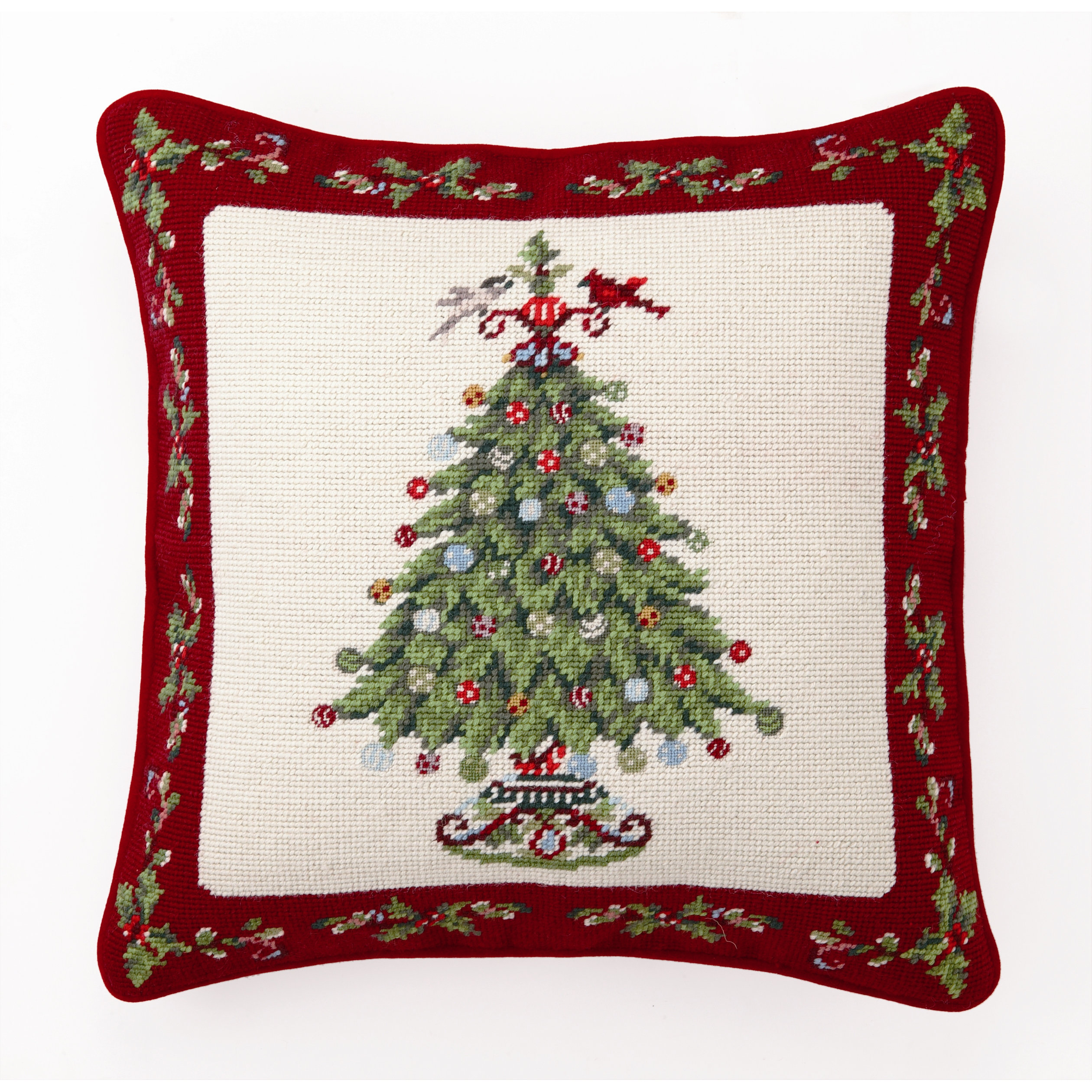 Peking Handicraft Needlepoint Holly Garden Tree Wool Throw Pillow