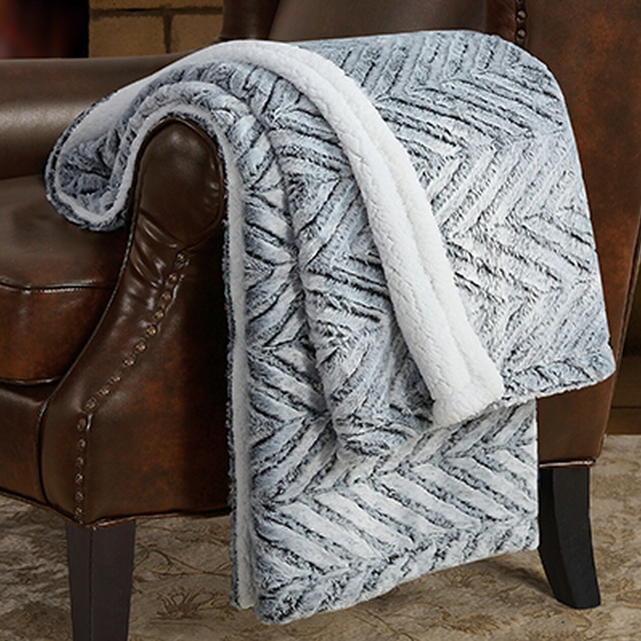 London Fog Herringbone Carved Sherpa Throw Wayfair