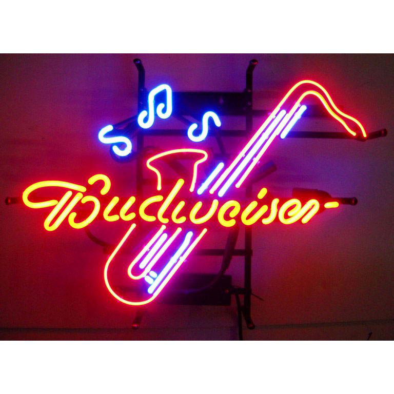 Neon budweiser signe panneaux de saxophone bière légère néonetics bar d'affaires en verre marque de verre la musique de marque en verre pour les parties de la paroi du bourgeon