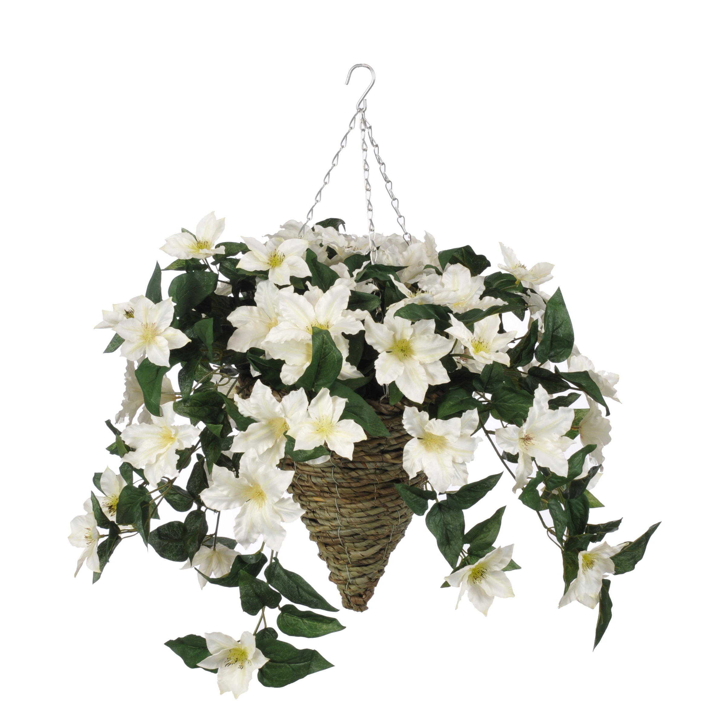 House of Silk Flowers Artificial Clematis Hanging Plant in Cone Basket