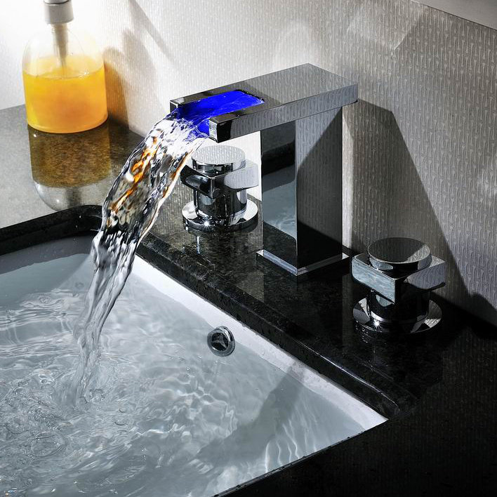 Sumerain Double Handle Widespread LED Waterfall Bathroom Sink Faucet