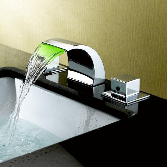 Sumerain Double Handle Widespread LED Waterfall Bathroom Sink Faucet