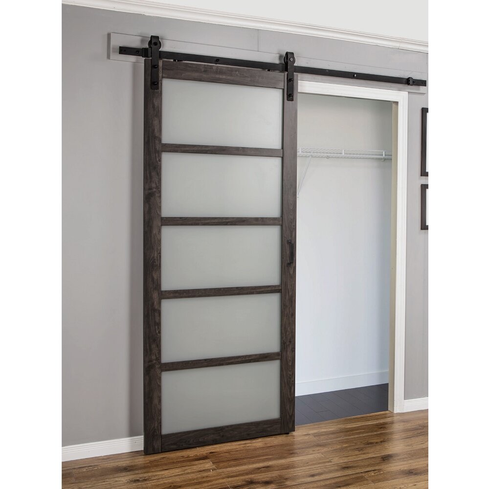 Erias Home Designs Continental Frosted Glass 1 Panel Ironage Laminate Interior Barn Door 