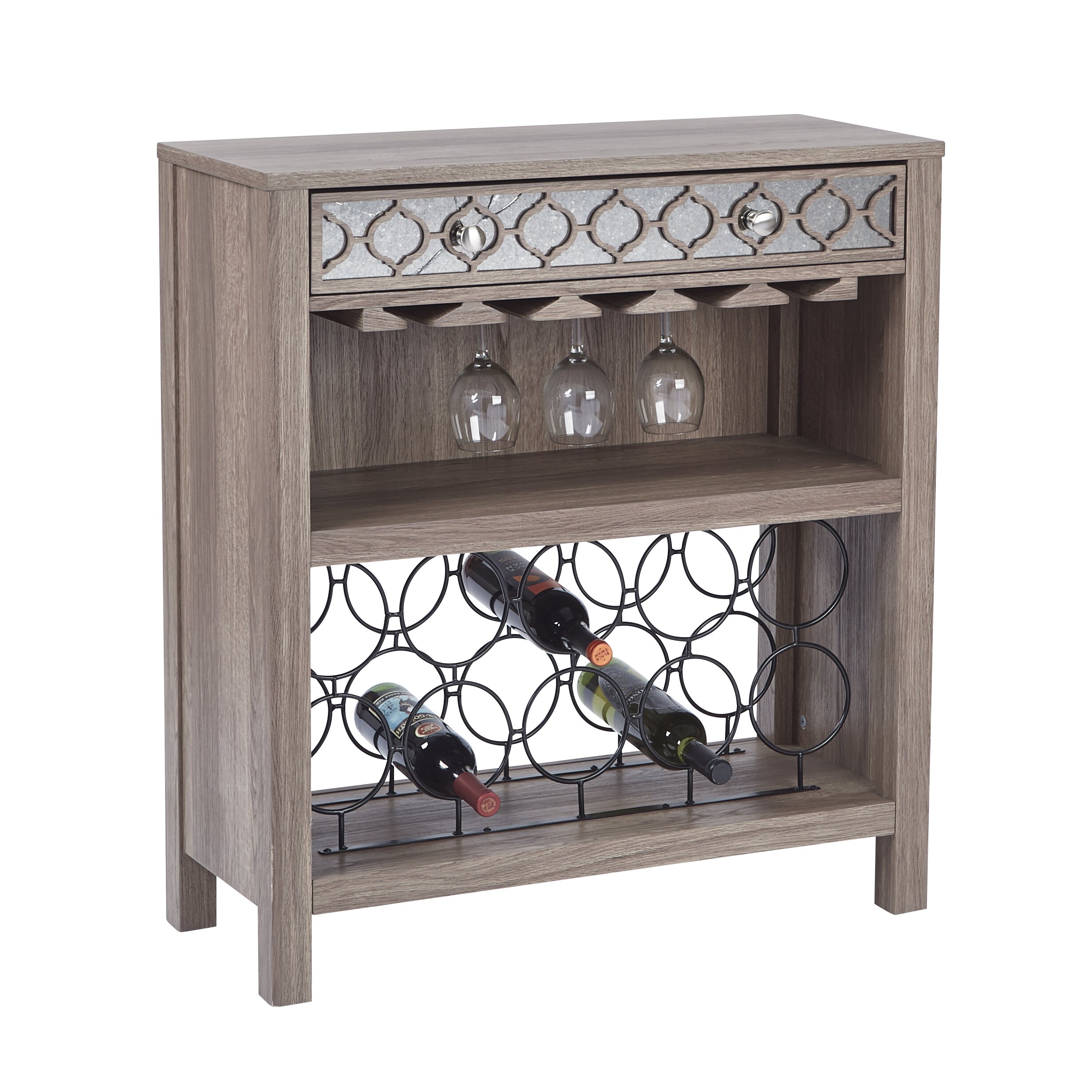 OSP Designs Helena Console Table with Mirror Floor Wine Bottle Rack