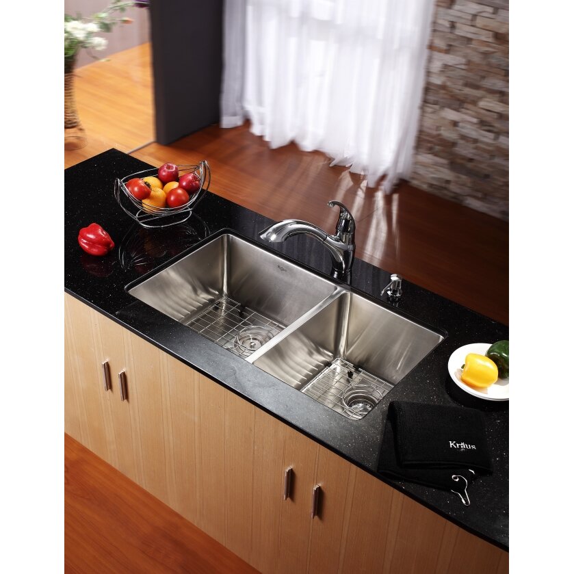 Kraus 33 Undermount 60 40 Double Bowl 16 Gauge Stainless Steel Kitchen