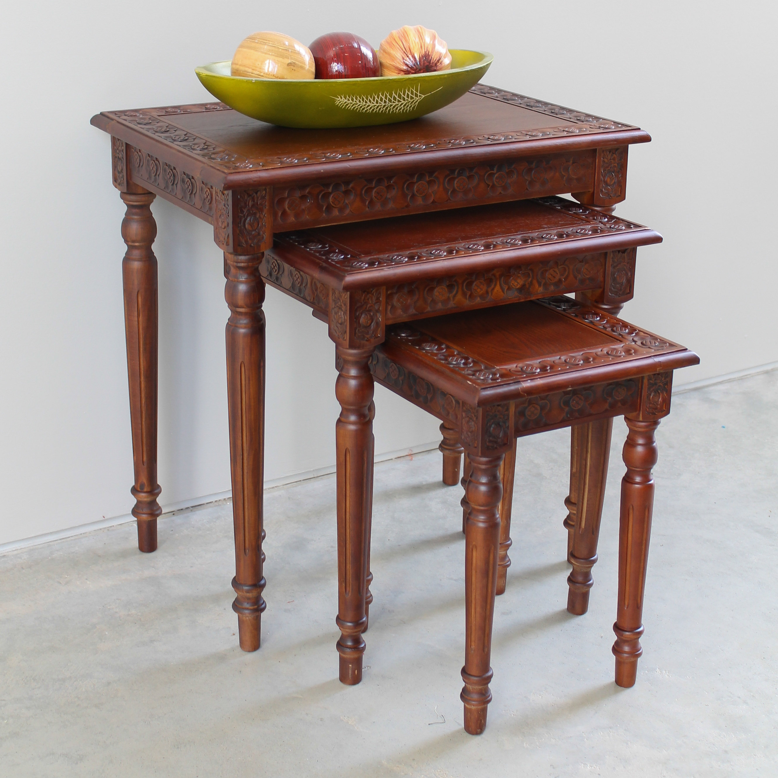 International Caravan Windsor Hand Carved 3 Piece Nesting Tables