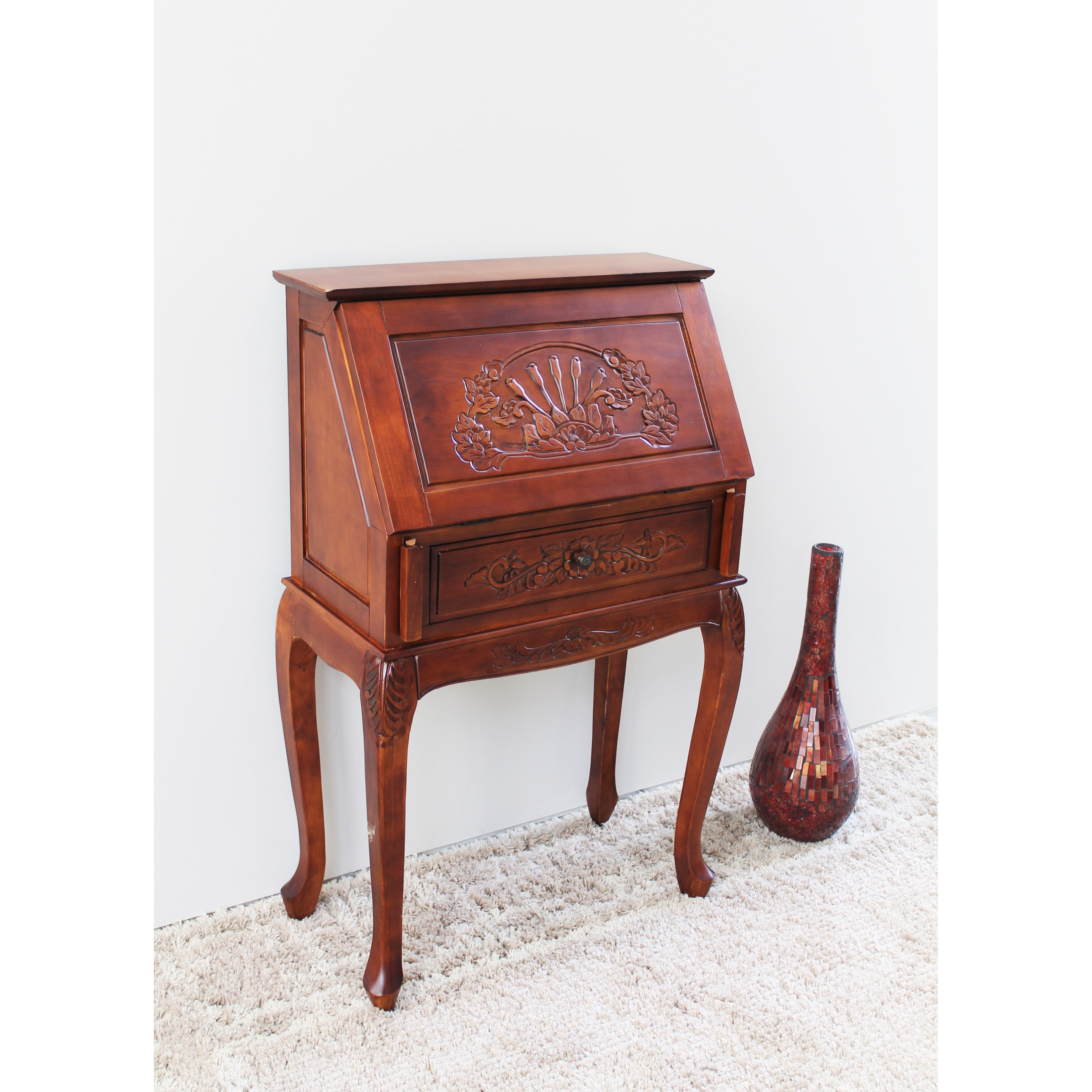 International Caravan Windsor Hand Carved Wood Secretary Desk & Reviews