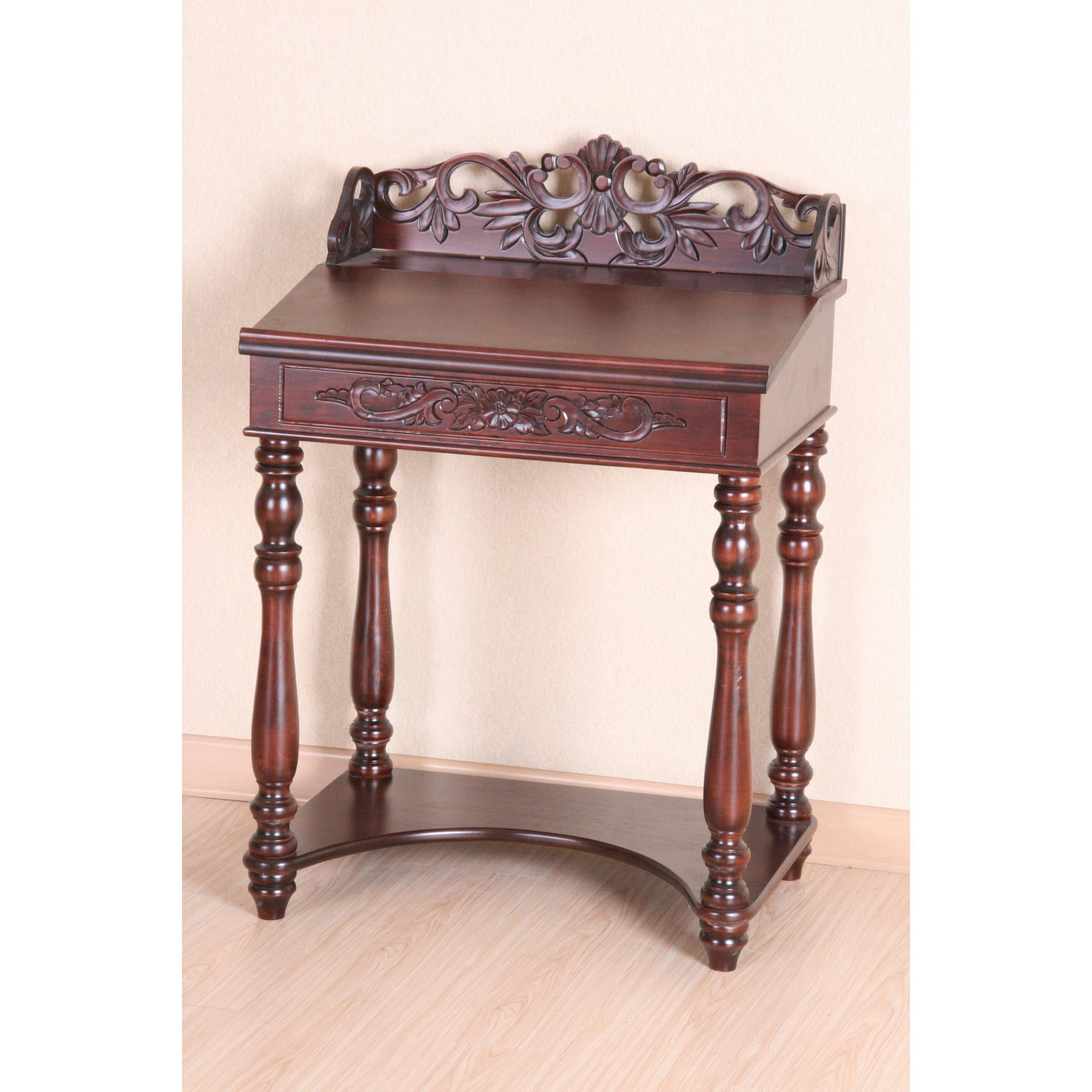International Caravan Windsor Hand Carved Small Wood Writing Desk 