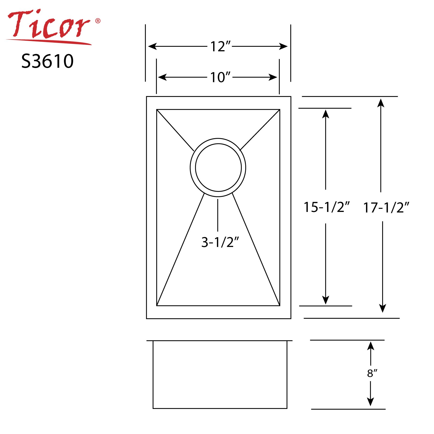 Ticor Sinks Ticor 12 X 17 1 2 Inch Zero Radius 16 Gauge Stainless Steel Single Bowl Square Undermount Kitchen Bar Sink S3610 GRID DEL