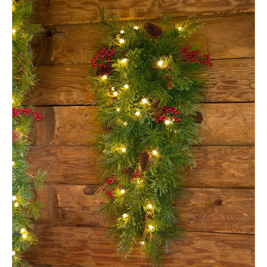 Plow & Hearth Lighted Holiday Teardrop Swag with Battery Operated Auto