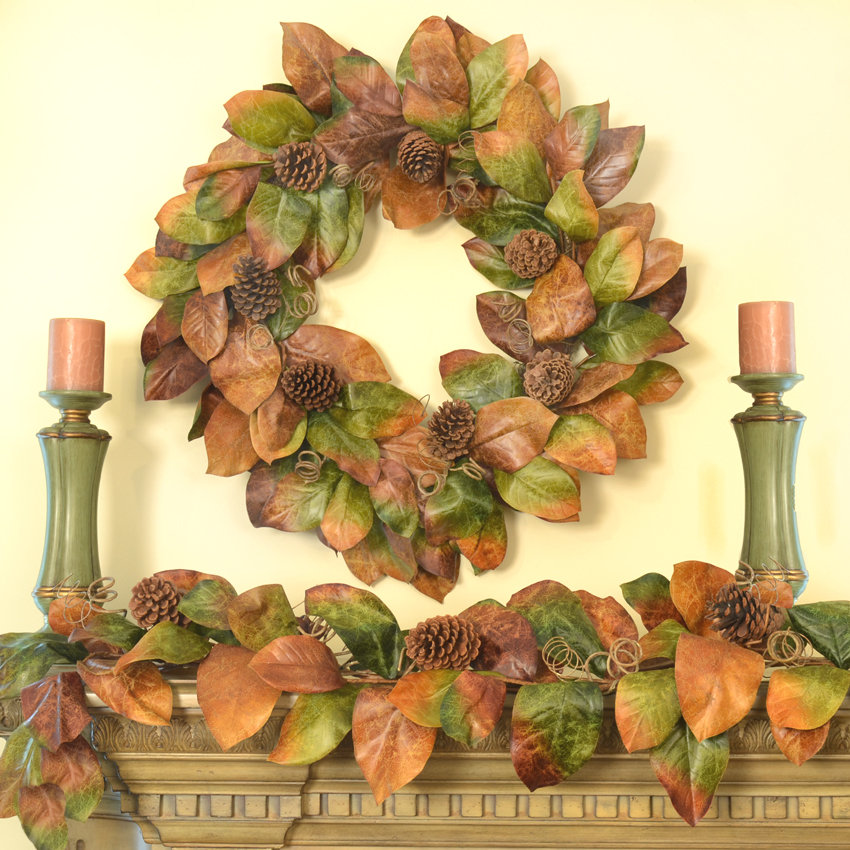 Floral Home Decor 2 Piece Designer Magnolia Wreath and Garland Set