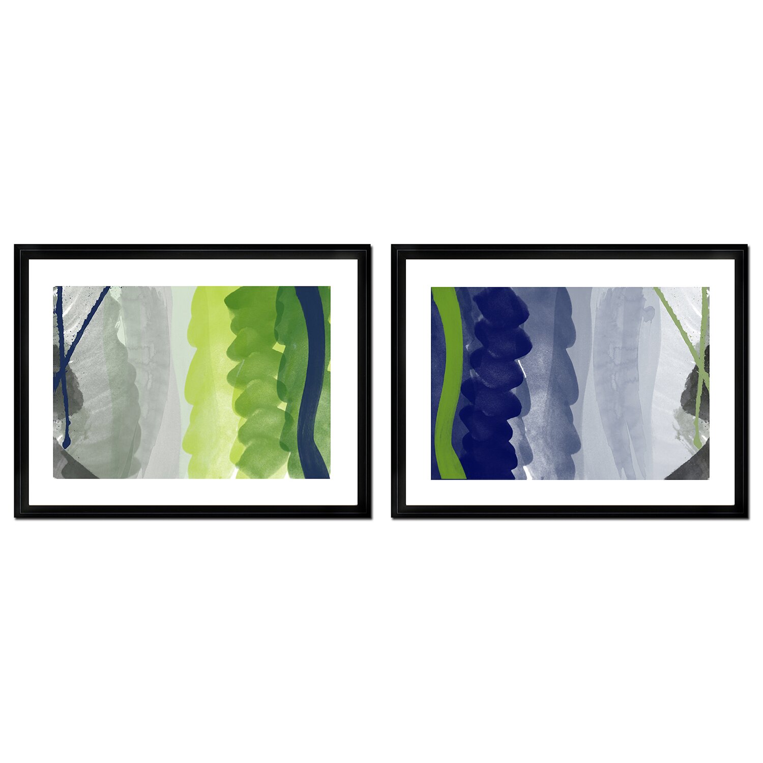 Mercury Row Navy and Green Abstract Brushes 2 Piece Framed Graphicl Art ...