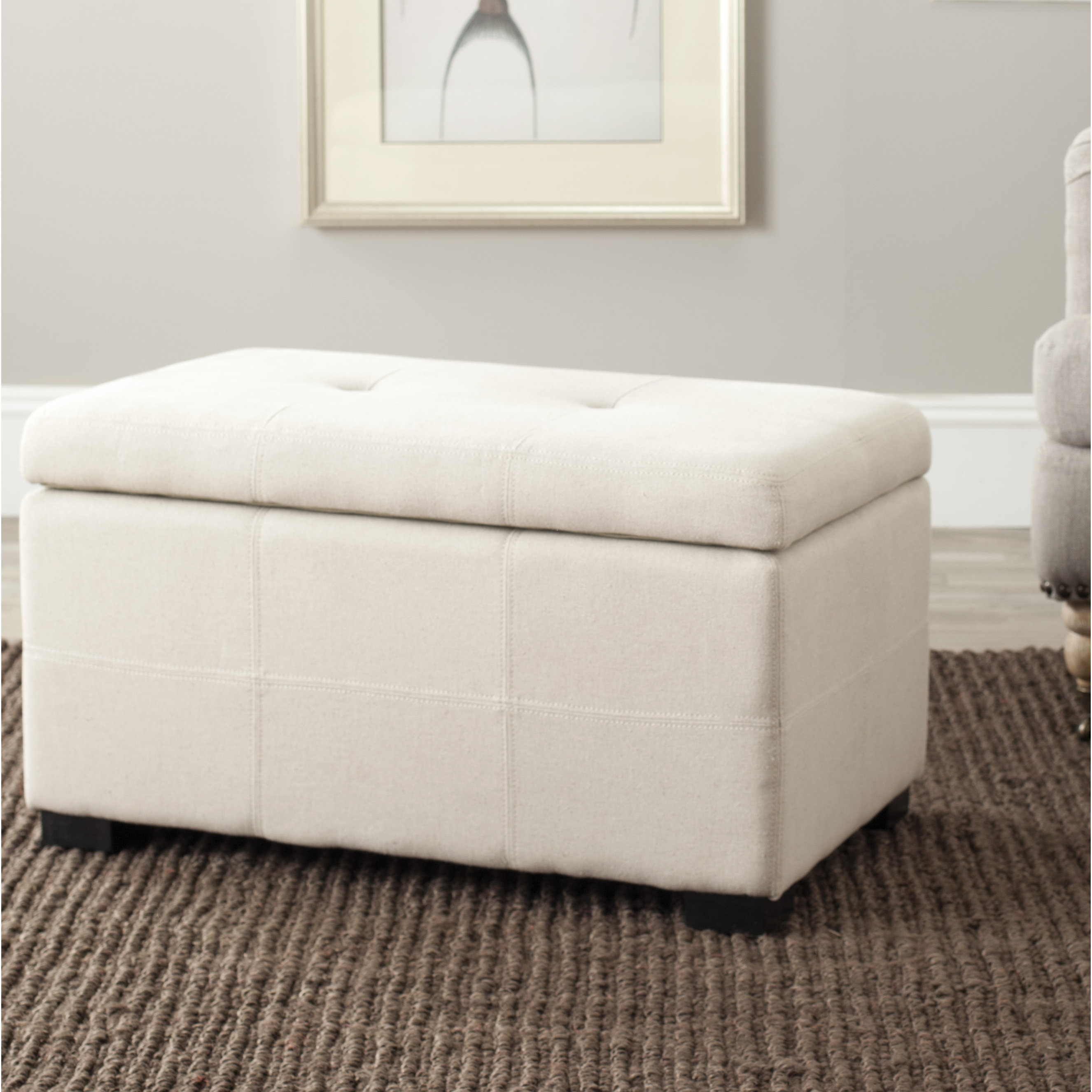 Mercury Row Tufted Beige Linen Storage Bedroom Bench 