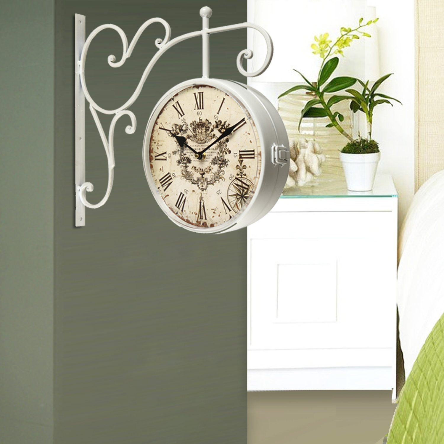 AdecoTrading VintageInspired Round DoubleSided Wall Hanging Clock
