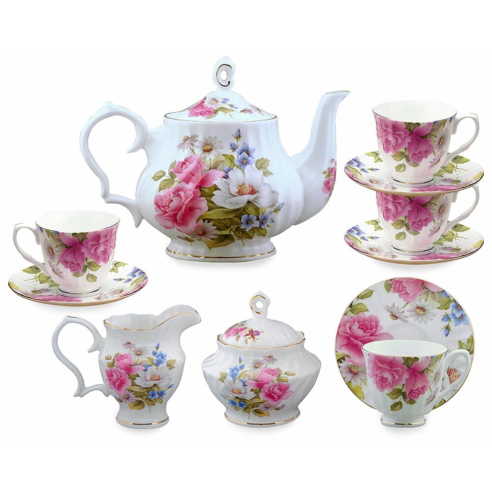 Coastline Imports 11 Piece Bone China Grace's Rose Tea Set | Wayfair