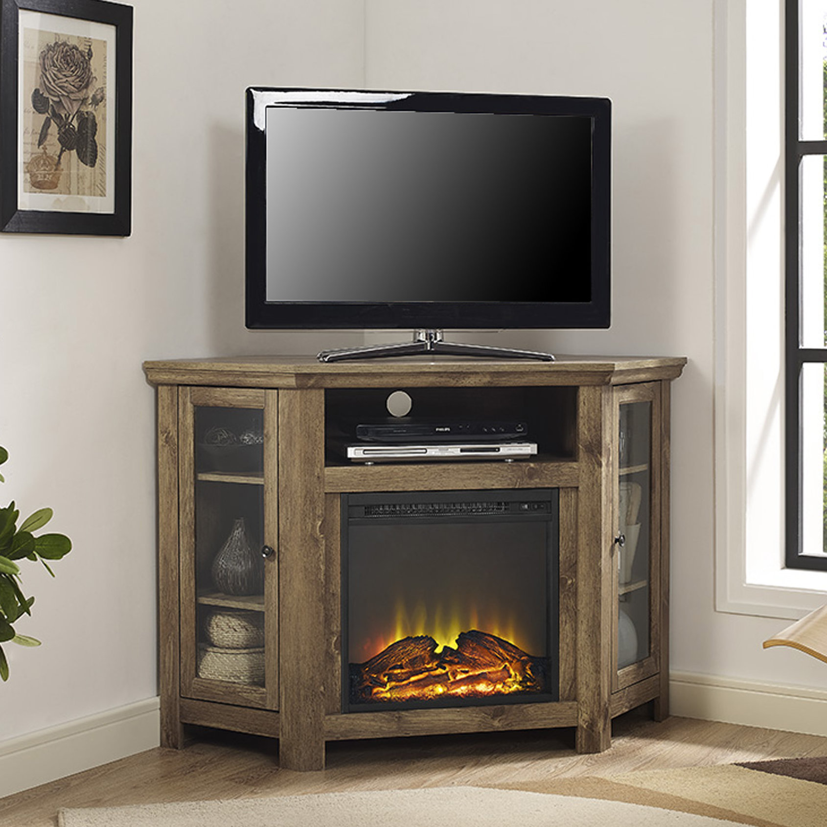 Small Corner Electric Fireplace TV StandTitle