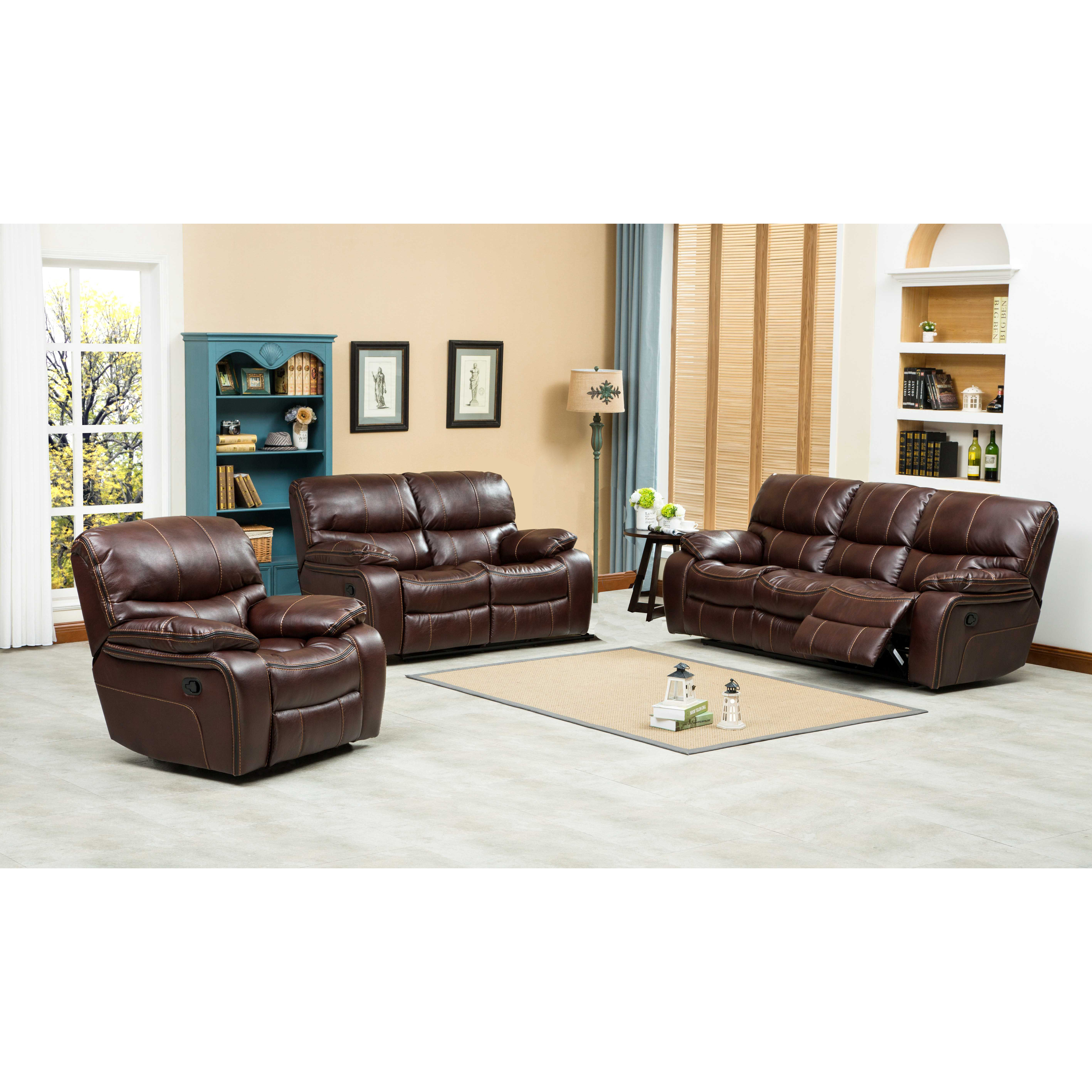 Roundhill iFurniturei Ewa 3 Piece iRecliningi Leather iLivingi 