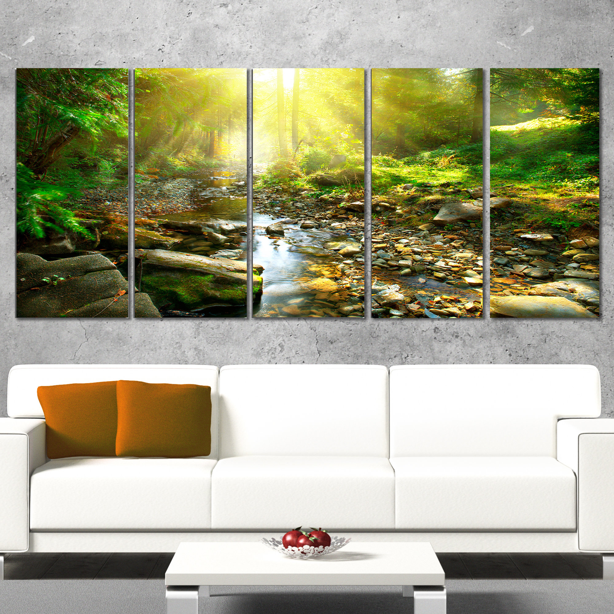 DesignArt Mountain Stream in Forest 5 Piece Wall Art on Wrapped Canvas ...