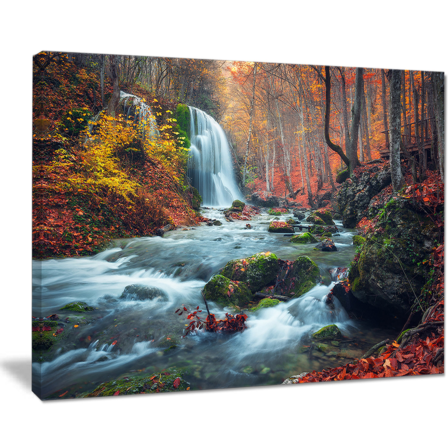 DesignArt 'Autumn Mountain Waterfall Long View' Photographic Print on Wrapped Canvas & Reviews | Wayfair