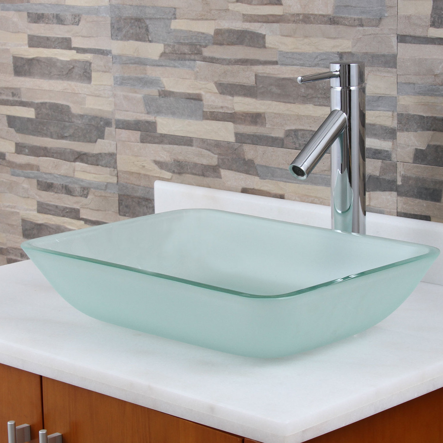 Elimaxs Elite Frosted Tempered Rectangular Glass Vessel Bathroom Sink