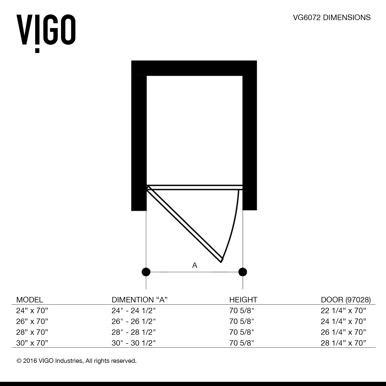 Vigo SoHo 22.25" x 70.63" Hinged Adjustable Frameless 