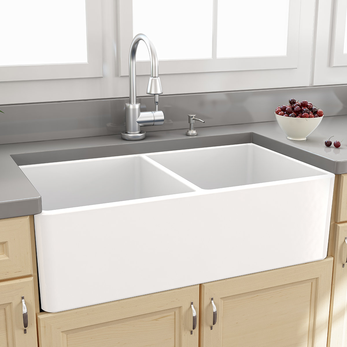 Nantucket Sinks 33 x 18 Double Bowl Farmhouse Kitchen Sink with Grids and Drains T FCFS33 DBL