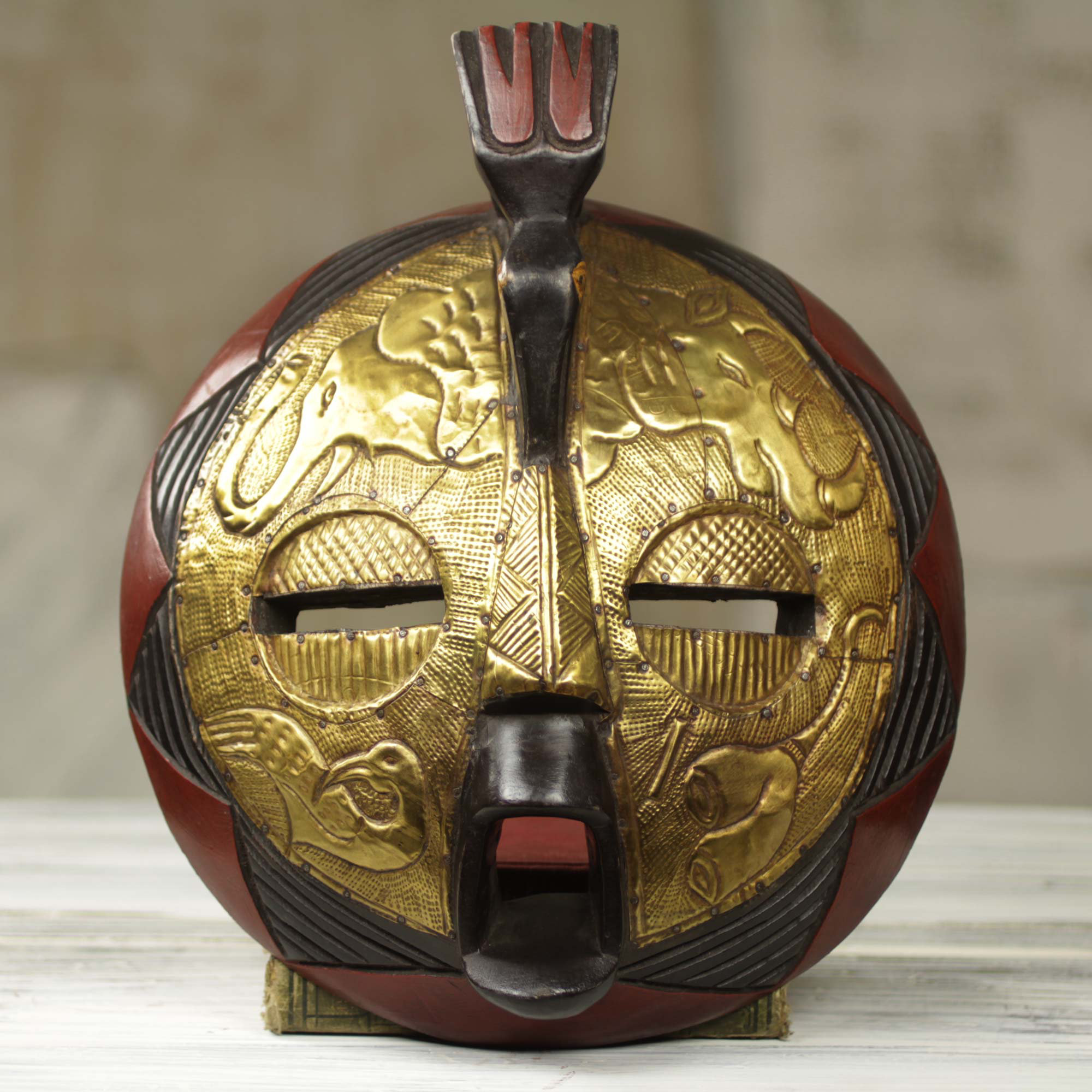 Novica Circular African Mask Covered In Brass With Animal Motifs Wall