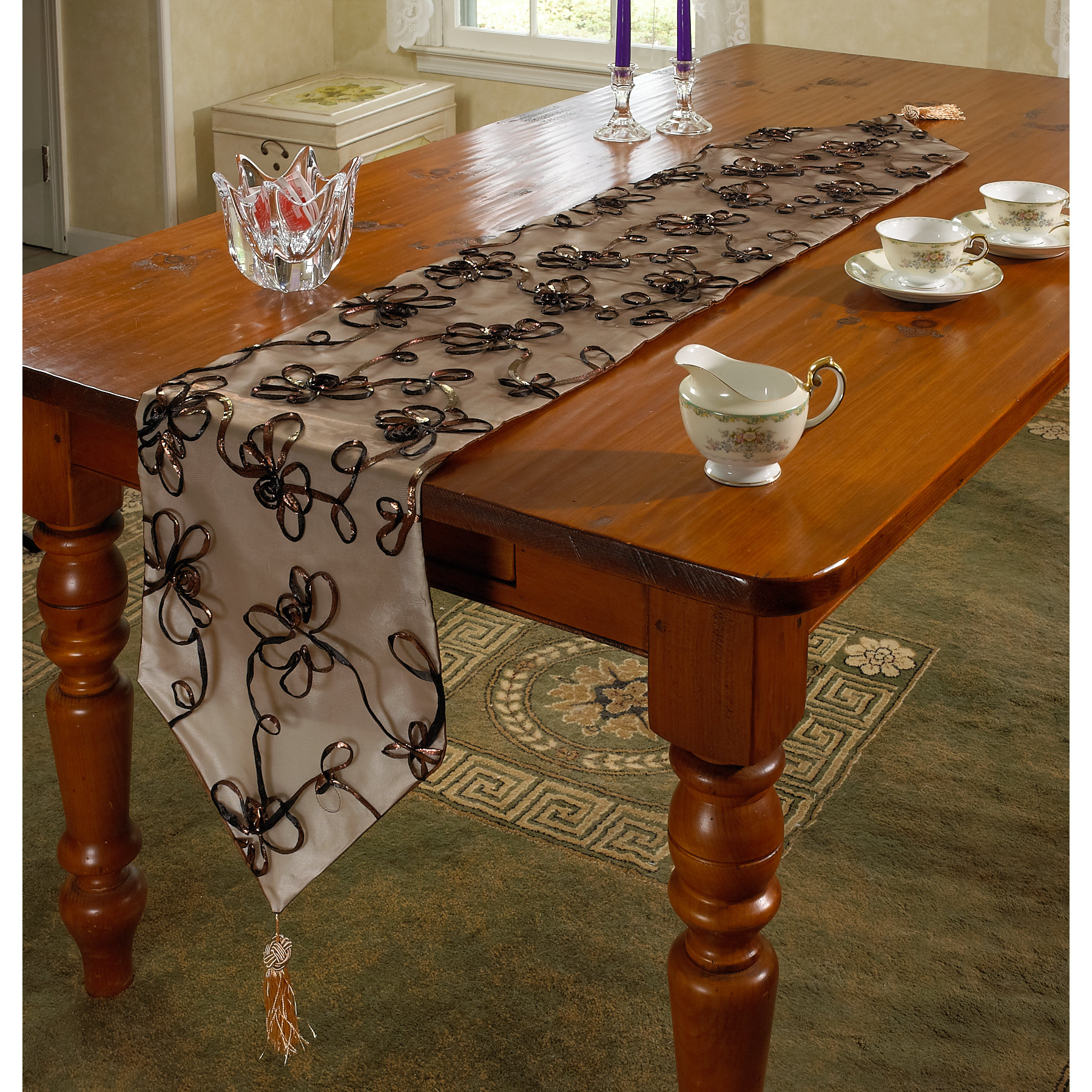 Violet Linen Vintage Embroidered Floral Table Runner & Reviews