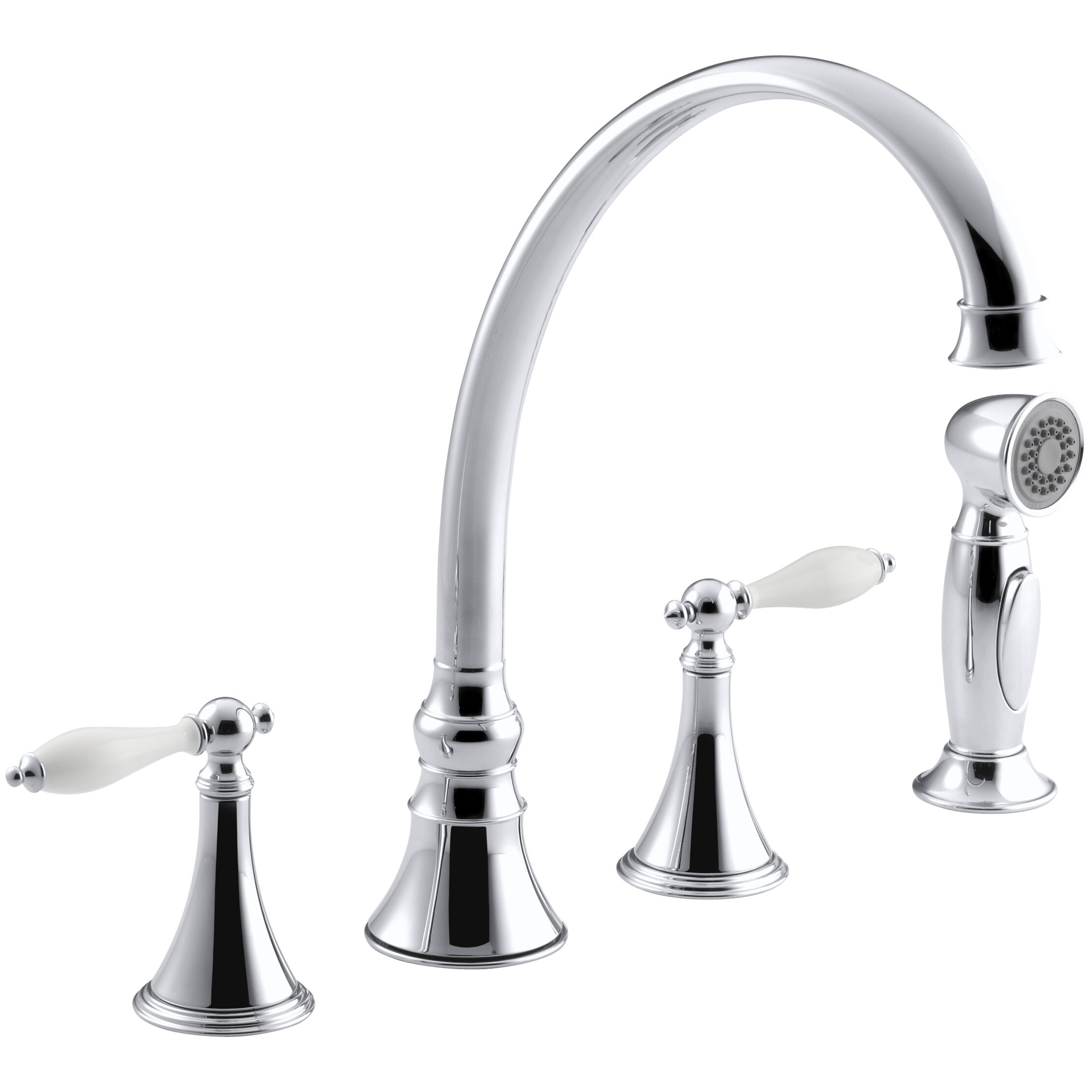 Kohler Finial Traditional 4 Hole Kitchen Sink Faucet With 9 3 16 Spout Matching Finish Sidespray K 377 4P 